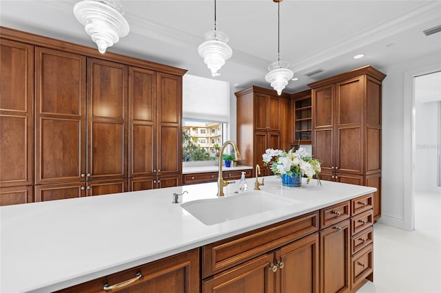2251 Gulf Of Mexico Dr Unit 301, Longboat Key, FL 34228 - kitchen featuring hanging light fixtures, light countertops, brown cabinetry, recessed lighting, and glass insert cabinets