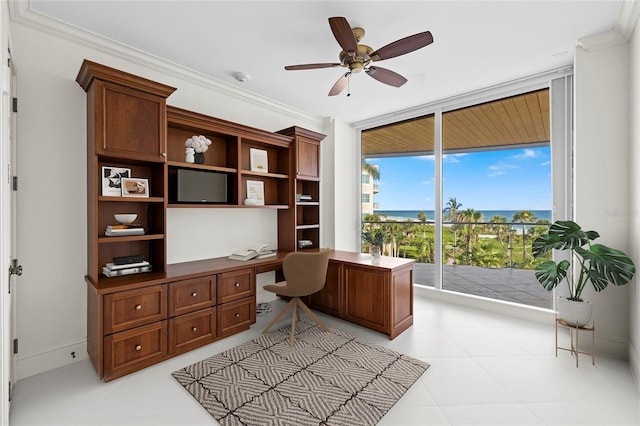 2251 Gulf Of Mexico Dr Unit 301, Longboat Key, FL 34228 - home office with built in study area, ornamental molding, ceiling fan, and floor to ceiling windows