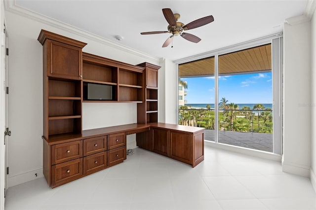 2251 Gulf Of Mexico Dr Unit 301, Longboat Key, FL 34228 - unfurnished office featuring built in study area, crown molding, a ceiling fan, and expansive windows