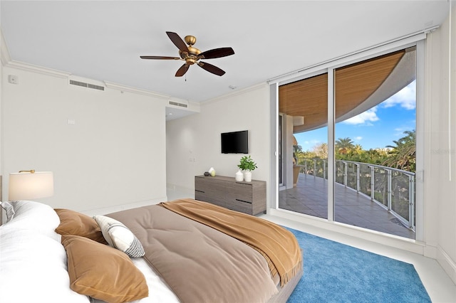 2251 Gulf Of Mexico Dr Unit 301, Longboat Key, FL 34228 - carpeted bedroom with access to exterior, crown molding, and ceiling fan