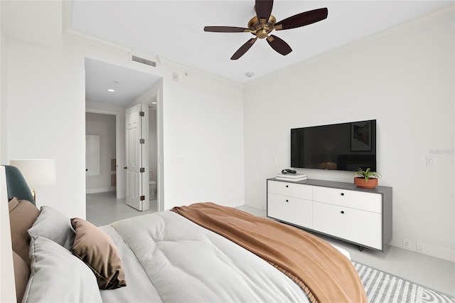 2251 Gulf Of Mexico Dr Unit 301, Longboat Key, FL 34228 - bedroom with ornamental molding, a ceiling fan, and concrete flooring