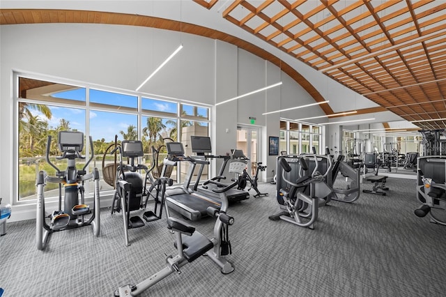 2251 Gulf Of Mexico Dr Unit 301, Longboat Key, FL 34228 - workout area featuring carpet flooring and a high ceiling