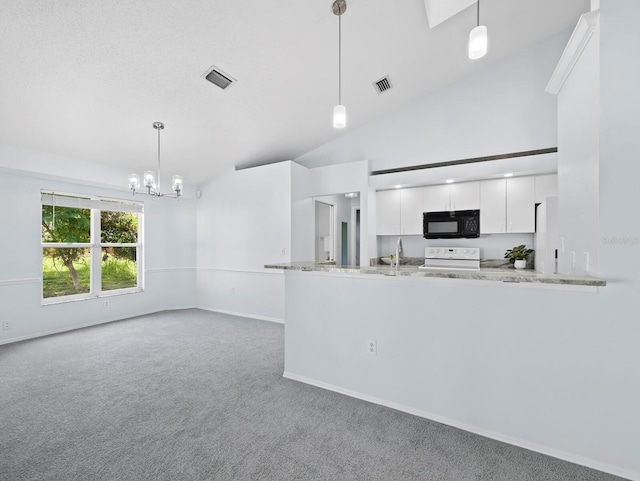 3223 Jamaica St, Sarasota, FL 34231 - kitchen featuring white appliances, carpet floors, white cabinetry, a chandelier, and decorative light fixtures