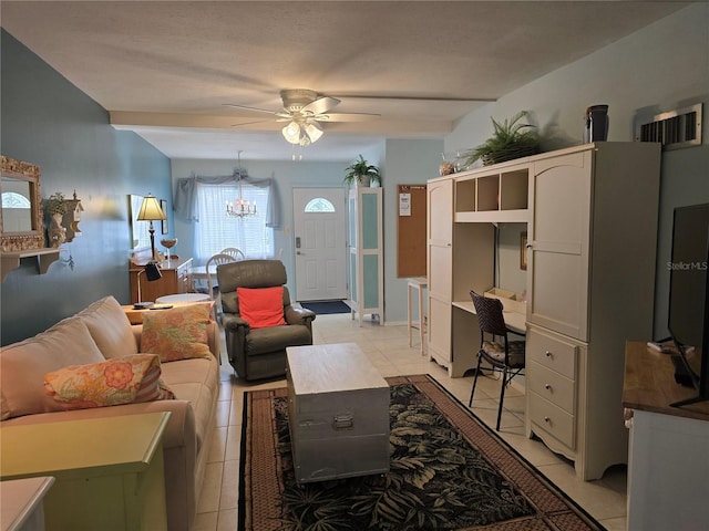 5850 Welcome Rd Unit J6, Bradenton, FL 34207 - living area with light tile patterned floors, a ceiling fan, a chandelier, and a desk
