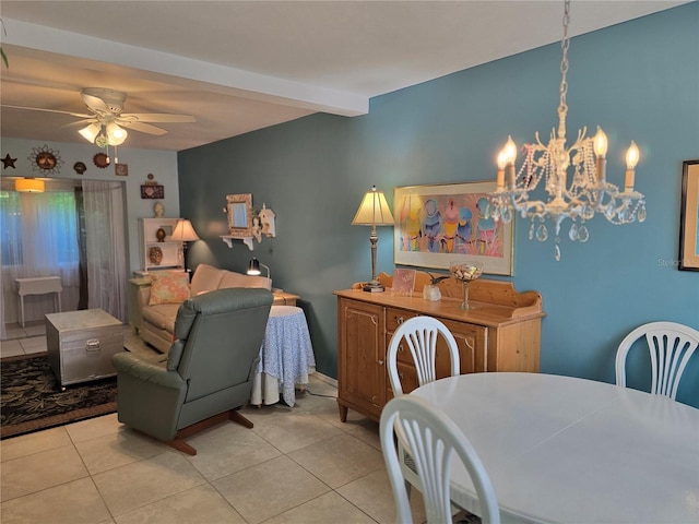 5850 Welcome Rd Unit J6, Bradenton, FL 34207 - dining space featuring tile patterned flooring, ceiling fan, a chandelier, and beam ceiling