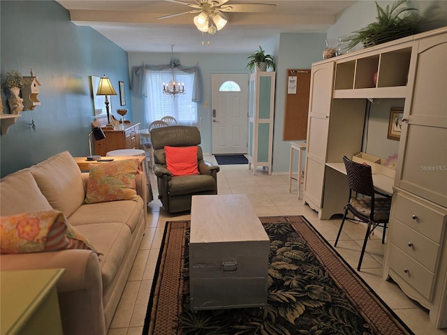 5850 Welcome Rd Unit J6, Bradenton, FL 34207 - living room featuring a chandelier, light tile patterned floors, ceiling fan, an office area, and beam ceiling