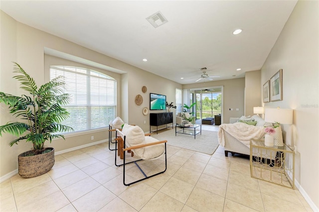 7039 Woodmore Ter, Lakewood Ranch, FL 34202 - living room featuring recessed lighting, light tile patterned flooring, and ceiling fan