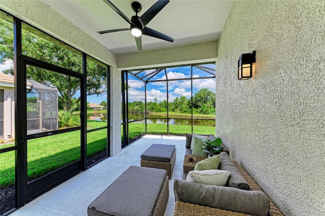 7039 Woodmore Ter, Lakewood Ranch, FL 34202 - sunroom / solarium with ceiling fan, a water view, and an outdoor hangout area
