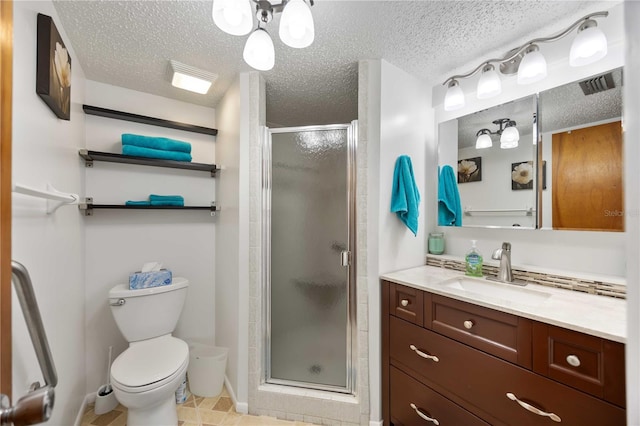 2220 Stickney Point Rd Unit 528, Sarasota, FL 34231 - bathroom with vanity, a stall shower, a textured ceiling, and tile patterned flooring