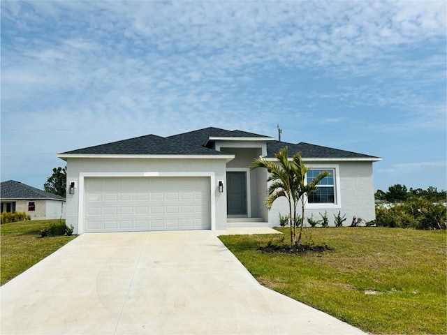 154 White Pine Dr, Rotonda West, FL 33947 - ranch-style house featuring stucco siding, an attached garage, driveway, a front lawn, and a shingled roof