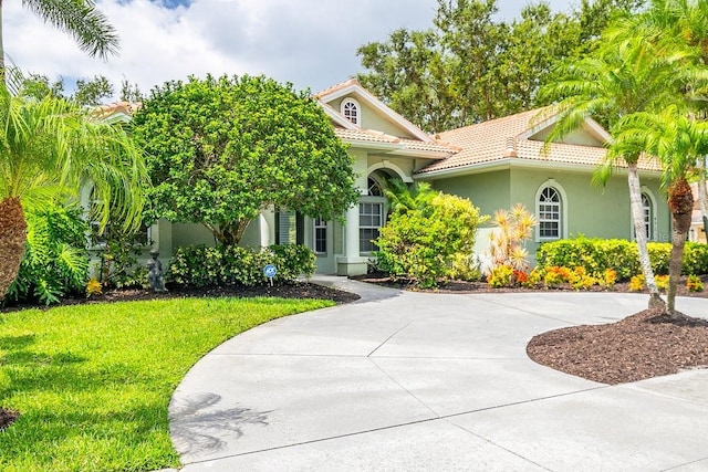 471 Park Trace Blvd, Osprey, FL 34229 - mediterranean / spanish house with curved driveway, stucco siding, a tiled roof, and a front lawn