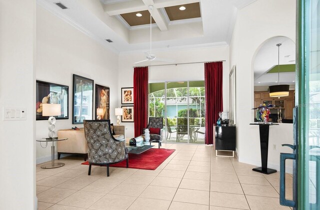 471 Park Trace Blvd, Osprey, FL 34229 - lobby with a towering ceiling, ornamental molding, beam ceiling, and coffered ceiling