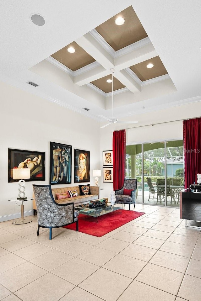 471 Park Trace Blvd, Osprey, FL 34229 - community lobby with a towering ceiling, ornamental molding, coffered ceiling, beamed ceiling, and recessed lighting