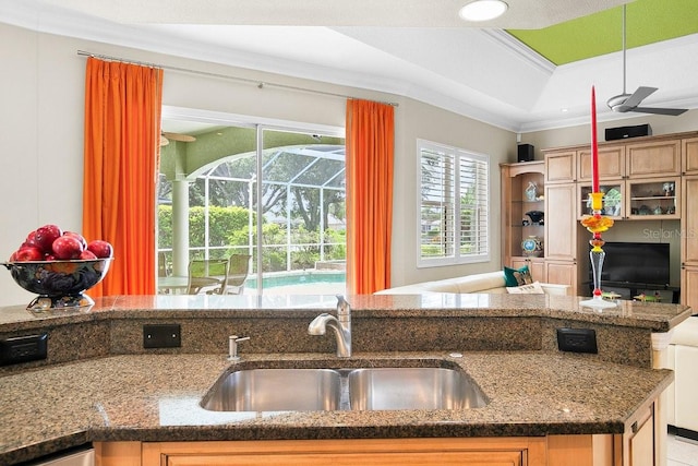 471 Park Trace Blvd, Osprey, FL 34229 - kitchen featuring stone counters and crown molding