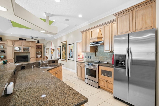 471 Park Trace Blvd, Osprey, FL 34229 - kitchen featuring appliances with stainless steel finishes, light tile patterned floors, ornamental molding, backsplash, and open floor plan