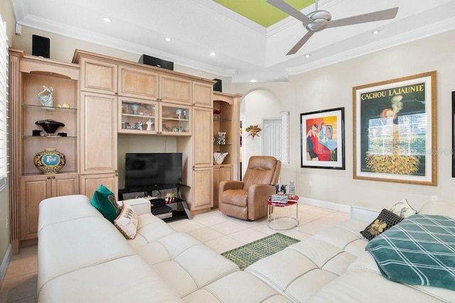 471 Park Trace Blvd, Osprey, FL 34229 - living area featuring crown molding, light tile patterned floors, ceiling fan, recessed lighting, and a raised ceiling