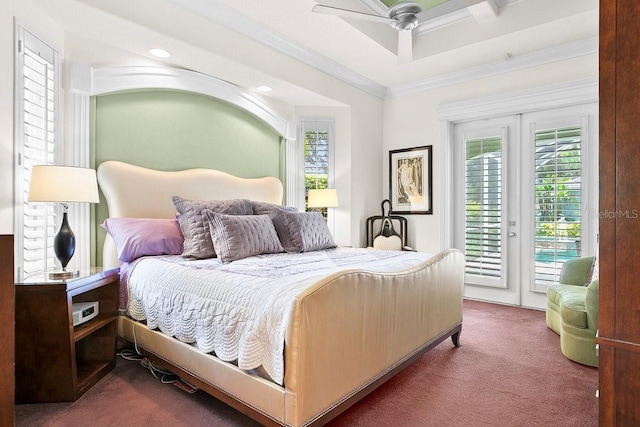 471 Park Trace Blvd, Osprey, FL 34229 - bedroom with access to exterior, carpet floors, ornamental molding, recessed lighting, and ceiling fan