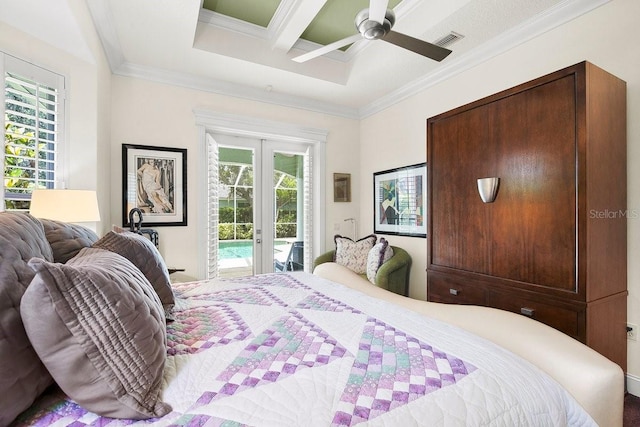 471 Park Trace Blvd, Osprey, FL 34229 - bedroom featuring access to outside, french doors, crown molding, coffered ceiling, and beam ceiling