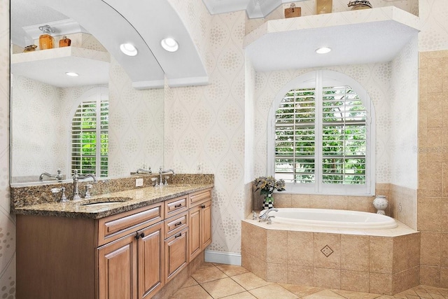 471 Park Trace Blvd, Osprey, FL 34229 - full bath with wallpapered walls, plenty of natural light, tile patterned floors, a garden tub, and recessed lighting