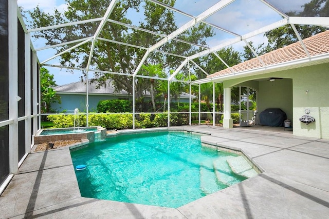 471 Park Trace Blvd, Osprey, FL 34229 - view of pool with a patio, a pool with connected hot tub, ceiling fan, and area for grilling