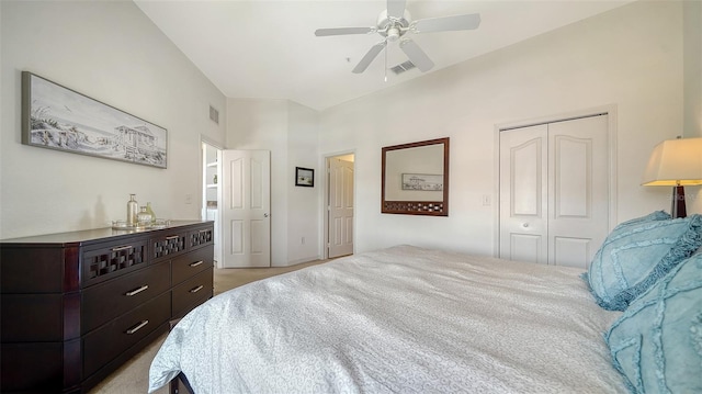 8397 38th Street Cir E Unit 306, Sarasota, FL 34243 - bedroom featuring light carpet, ceiling fan, and a closet