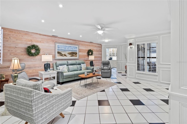 6818 Arbor Oaks Cir, Bradenton, FL 34209 - living room featuring ceiling fan, a decorative wall, recessed lighting, light tile patterned flooring, and healthy amount of natural light