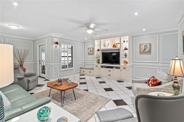 6818 Arbor Oaks Cir, Bradenton, FL 34209 - living area with a decorative wall, ceiling fan, ornamental molding, light tile patterned flooring, and recessed lighting