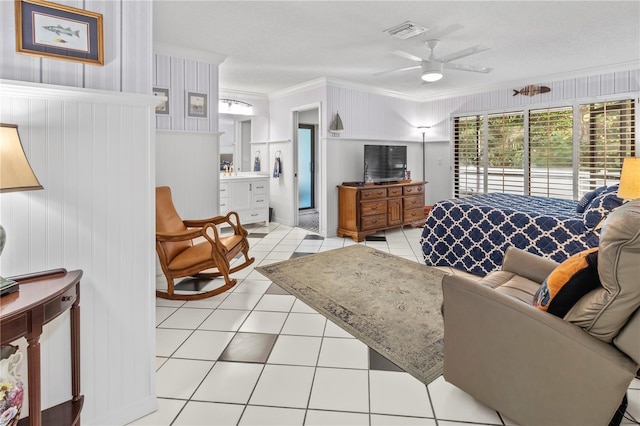 6818 Arbor Oaks Cir, Bradenton, FL 34209 - living area featuring crown molding, light tile patterned floors, and ceiling fan