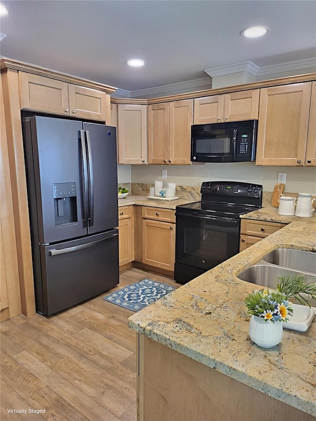 1106 49th Avenue Dr W, Bradenton, FL 34207 - kitchen featuring black appliances, light brown cabinets, light wood-type flooring, ornamental molding, and recessed lighting