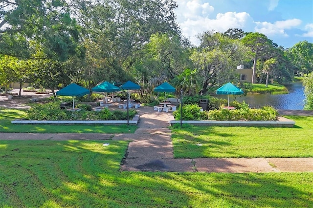4658 Longwater Chase Unit 104, Sarasota, FL 34235 - view of property's community featuring a water view, a lawn, and view of scattered trees