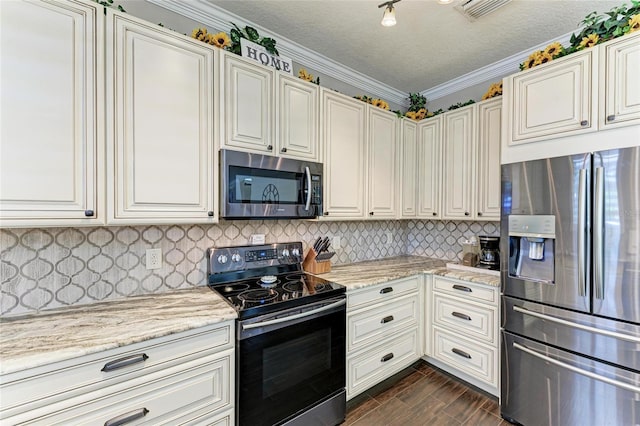 3911 91st Ave E, Parrish, FL 34219 - kitchen featuring stainless steel appliances, decorative backsplash, light stone countertops, crown molding, and dark wood-type flooring