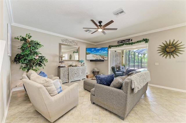 3911 91st Ave E, Parrish, FL 34219 - living room featuring crown molding, a ceiling fan, and stone tile flooring