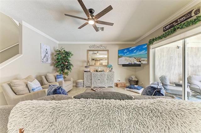 3911 91st Ave E, Parrish, FL 34219 - bedroom featuring a textured ceiling, ornamental molding, and ceiling fan