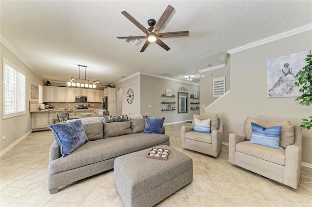 3911 91st Ave E, Parrish, FL 34219 - living area featuring crown molding, ceiling fan, and a textured ceiling