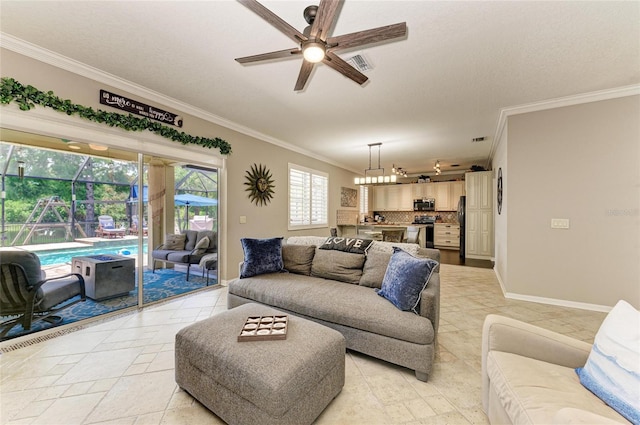 3911 91st Ave E, Parrish, FL 34219 - living area with ornamental molding and a ceiling fan
