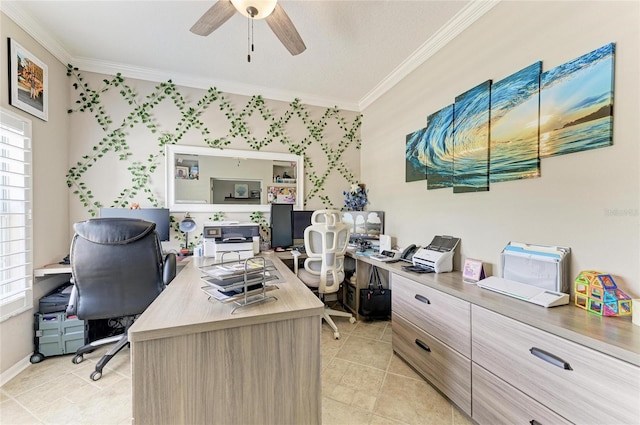 3911 91st Ave E, Parrish, FL 34219 - home office with ornamental molding, healthy amount of natural light, ceiling fan, and light tile patterned flooring