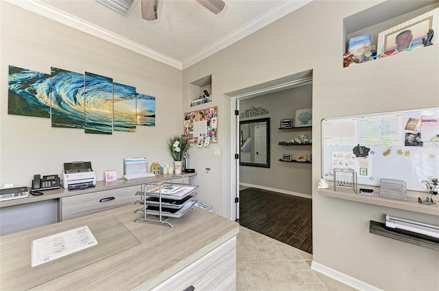 3911 91st Ave E, Parrish, FL 34219 - tiled office space featuring crown molding and a ceiling fan