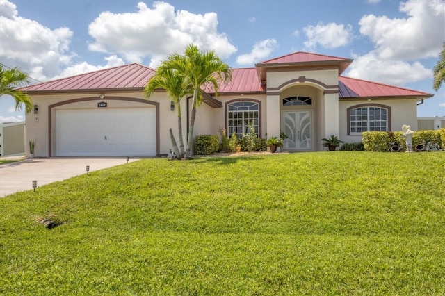 1402 SW 4th Ln, Cape Coral, FL 33991 - mediterranean / spanish-style home with a standing seam roof, a metal roof, stucco siding, driveway, and a front lawn