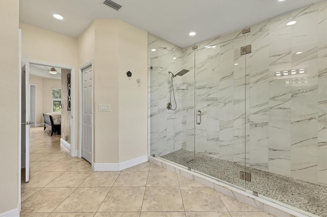 1402 SW 4th Ln, Cape Coral, FL 33991 - full bath featuring ensuite bathroom, a marble finish shower, recessed lighting, ceiling fan, and tile patterned floors