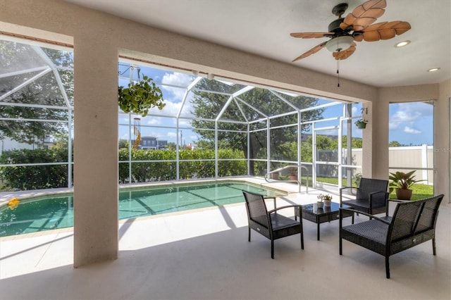 1402 SW 4th Ln, Cape Coral, FL 33991 - outdoor pool featuring a patio, a lanai, and ceiling fan