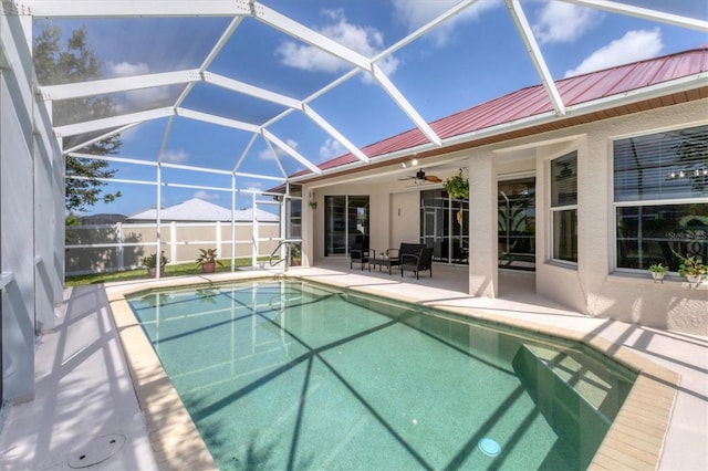 1402 SW 4th Ln, Cape Coral, FL 33991 - view of pool featuring a patio area, a ceiling fan, and glass enclosure