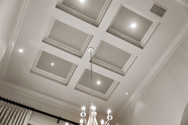 6926 Lacantera Cir, Lakewood Ranch, FL 34202 - detailed view of ornamental molding, coffered ceiling, a chandelier, and beamed ceiling