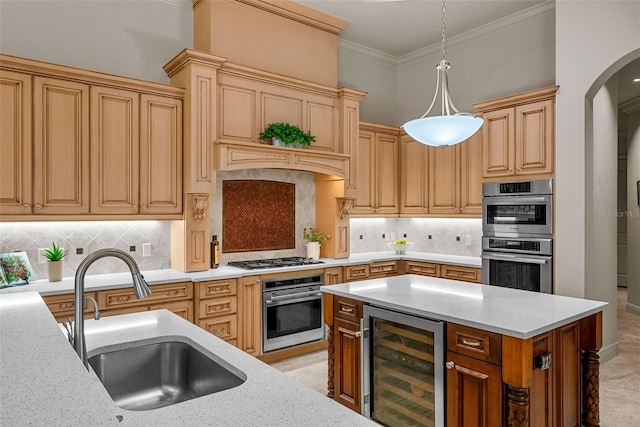 6926 Lacantera Cir, Lakewood Ranch, FL 34202 - kitchen with wine cooler, appliances with stainless steel finishes, pendant lighting, light stone countertops, and decorative backsplash