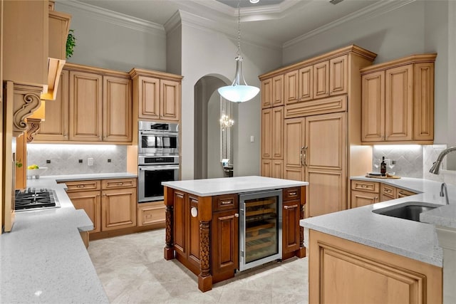 6926 Lacantera Cir, Lakewood Ranch, FL 34202 - kitchen featuring wine cooler, stainless steel appliances, backsplash, hanging light fixtures, and crown molding