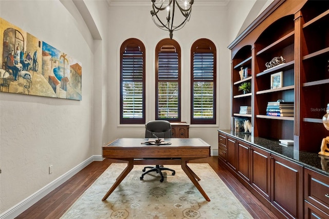6926 Lacantera Cir, Lakewood Ranch, FL 34202 - office area featuring dark wood-style floors, crown molding, and a chandelier