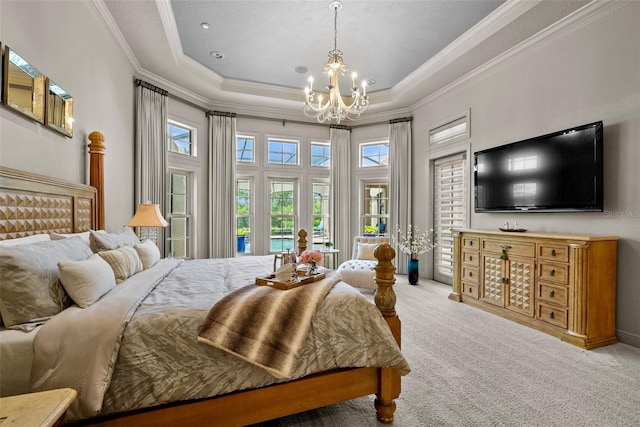 6926 Lacantera Cir, Lakewood Ranch, FL 34202 - carpeted bedroom featuring a chandelier, ornamental molding, and a tray ceiling