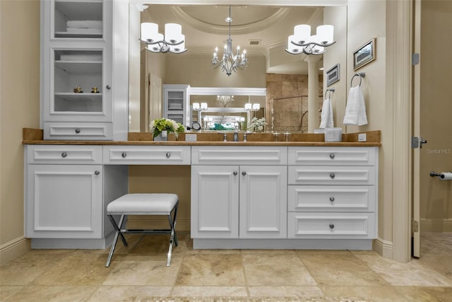 6926 Lacantera Cir, Lakewood Ranch, FL 34202 - full bathroom featuring a chandelier, vanity, and tiled shower