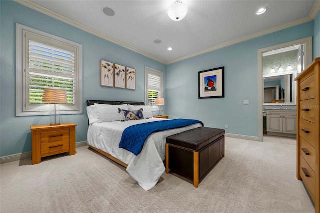 6926 Lacantera Cir, Lakewood Ranch, FL 34202 - bedroom featuring crown molding, light carpet, recessed lighting, and ensuite bath