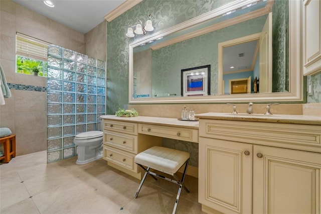 6926 Lacantera Cir, Lakewood Ranch, FL 34202 - bathroom featuring vanity, walk in shower, crown molding, and tile patterned flooring