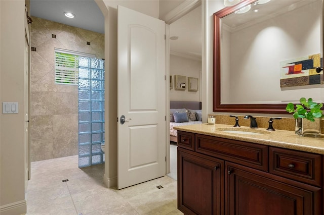6926 Lacantera Cir, Lakewood Ranch, FL 34202 - full bath with vanity, tiled shower, crown molding, and tile patterned floors